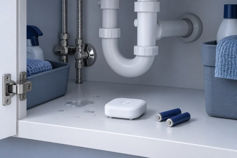 Illustration av en vattenläckagesensor och batterier under en diskho.